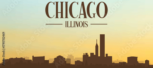 Panoramic poster of the city skyline with misty background buildings, hills sunrise, sunset and clouds of CHICAGO, UNITED STATES