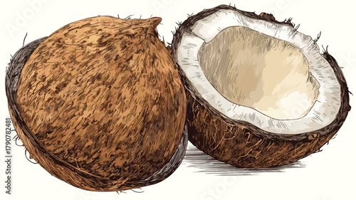 Detailed Drawing of Coconut Half with Interior View - Natural Organic Illustration