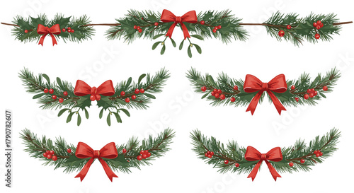 Christmas garland decoration, pine branches, red berries, festive bows, holiday swag, mistletoe ornament, seasonal decor, traditional celebration, winter greenery