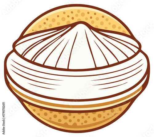 Cartoon style circular illustration of a scallop shell with pearl in a rounded frame