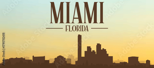 Panoramic poster of the city skyline with misty background buildings, hills sunrise, sunset and clouds of MIAMI, UNITED STATES