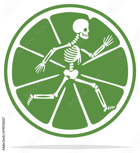 Energetic running skeleton inside a vibrant green lime slice health and fitness concept