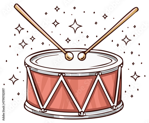 Illustration of a cute cartoon drum with drumsticks and sparkling stars for a music performance or kids celebration