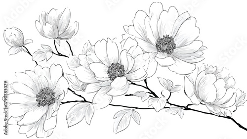 Botanical Illustration of Flowering Plant with Fine Outlines for Graphic Design Projects