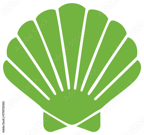 Simple green scallop shell vector icon symbol of pilgrimage and travel