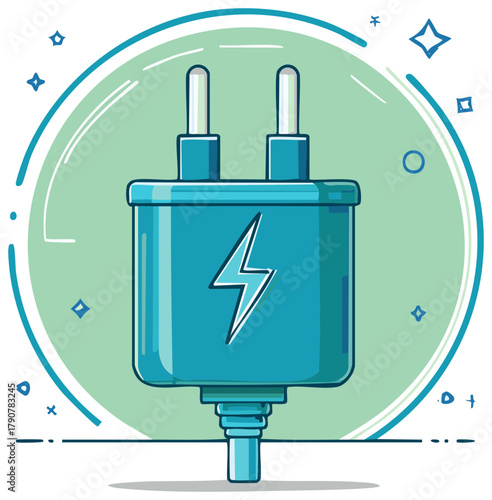 Electric power adapter plug with lightning bolt symbol vector cartoon illustration
