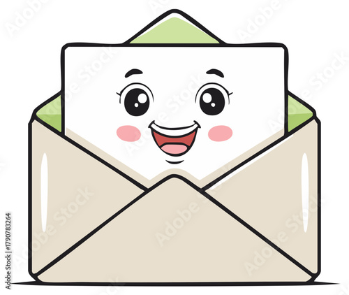 Happy kawaii envelope character with a letter peeking out and rosy cheeks