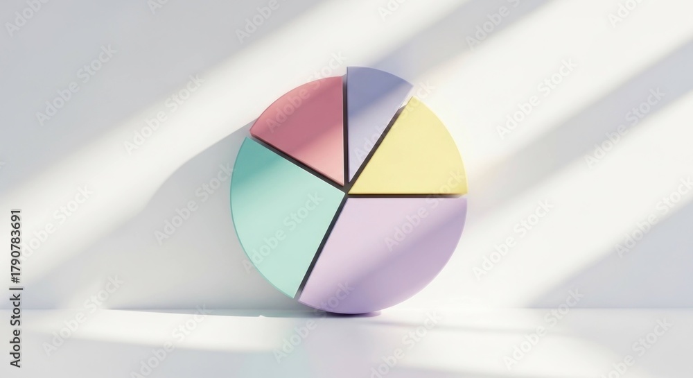 Fototapeta premium Pastel pie chart leans on white wall, slice removed, shadowed by sunlight