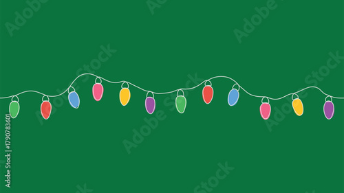 A New Year's multi-colored electric garland drawn with one solid black line on a green background. Line art, doodle style