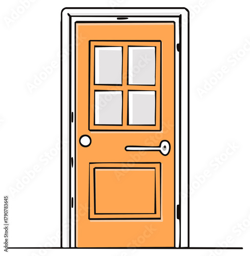 Simple cartoon orange door with windows and doorknob entry exit concept art