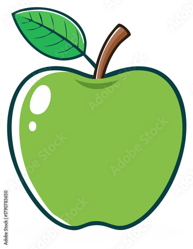 Illustration of a Whole Granny Smith Apple Featuring a Stem and Leaf in a Simple Design