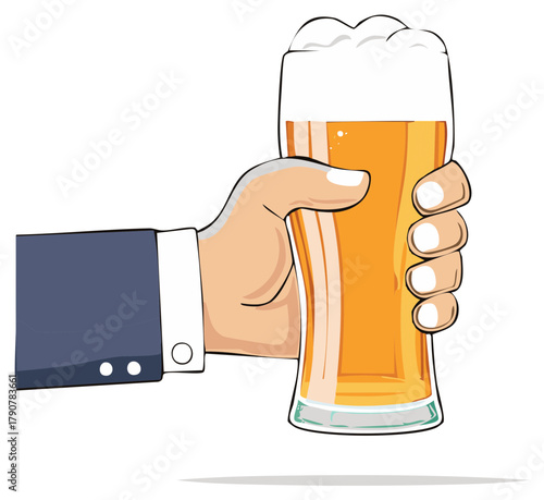 Cartoon hand holding a glass of beer with foamy head, illustration