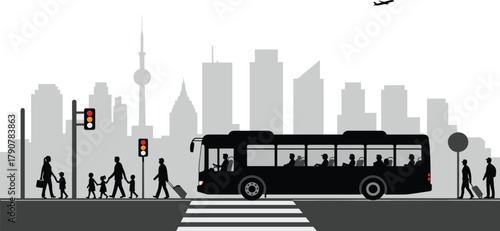 Cityscape, pedestrian crosswalk, urban life, traffic lights, public transportation, bus stop, skyline, airplane, silhouettes, safety, children, grayscale, street scene