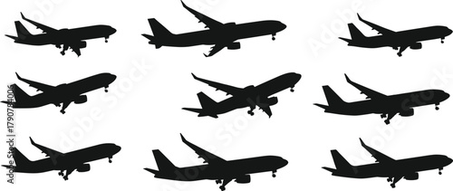 Airplane silhouettes, commercial aircraft, landing gear, black vector, flight angles, aviation design, isolated, grid layout, transport, travel