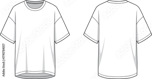 Classic T-shirt, fashion sketch, technical drawing, crew neckline, short sleeve, relaxed fit, seam detail, front back view, apparel illustration