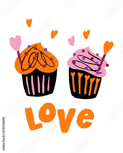 Two decorated cupcakes, one orange and one pink, display playful hearts and the word love beneath them. The design conveys a joyful spirit, perfect for celebrations.