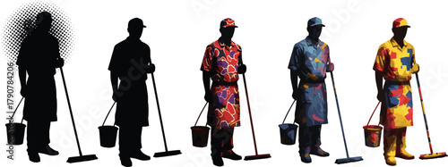 Cleaning figure silhouettes, mop and bucket, artistic variation, colorful style, sanitation posture, chore gesture, abstract outfit, household task, visual diversity, work theme