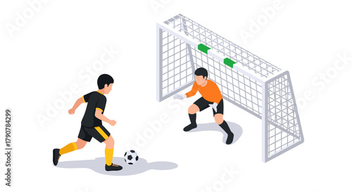 Isometric soccer scene with forward and goalkeeper in action