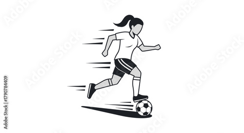 Dynamic female soccer player dribbling fast with simplified silhouette style