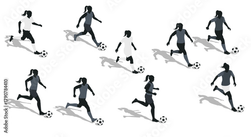 Dynamic women soccer players in motion silhouette art on white background