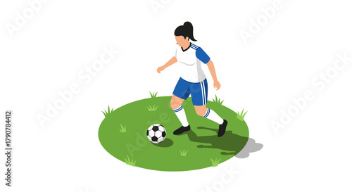 Female soccer player dribbling ball on grass in isometric style