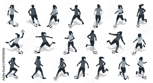 Silhouette of women playing soccer in various action poses
