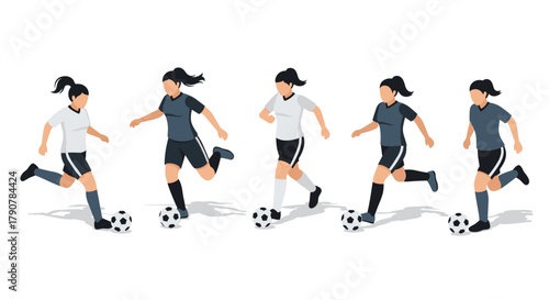 Women playing soccer in minimalist style with dynamic movement