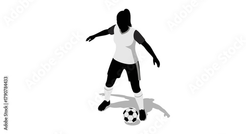 Silhouette of female soccer player in action with ball on white background