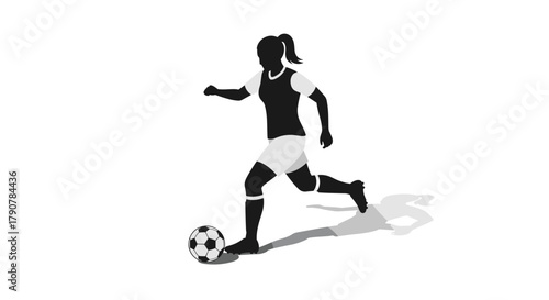 Silhouette of female soccer player dribbling ball in action with shadow effect
