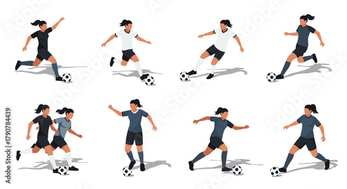 Women soccer players in action set with dynamic poses and soccer balls