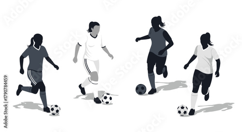 Dynamic female soccer players silhouette with football