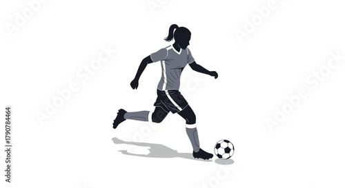 Female soccer player silhouette running with ball on white background