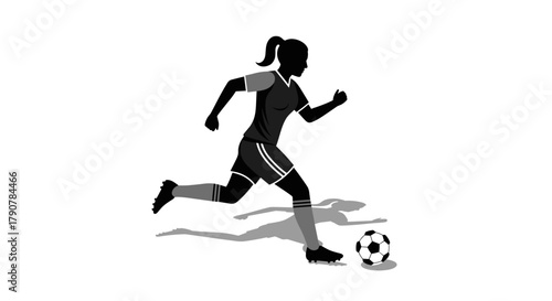 Female soccer player silhouette running with soccer ball on white background