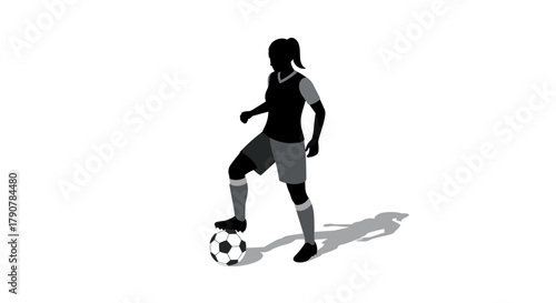 Female football player kicking soccer ball silhouette with shadow