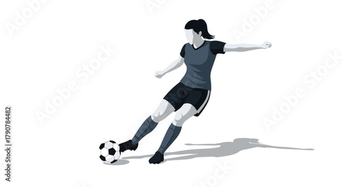 Dynamic female soccer player kicking a ball in monochrome silhouette style