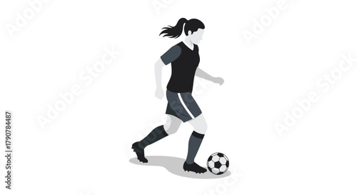 Monochrome female soccer player dribbling a ball in action pose