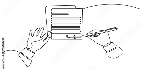 Continuous one line art drawing of clipboard with a checklist design. clipboard with a checklist one line vector illustration. Continuous line drawing of hands signing a document with a pen