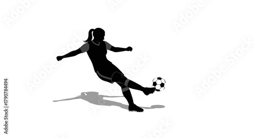 Female soccer player silhouette kicking ball with dynamic shadow