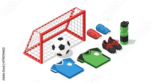 Isometric soccer equipment set with goal, ball, jerseys, shoes, and gear