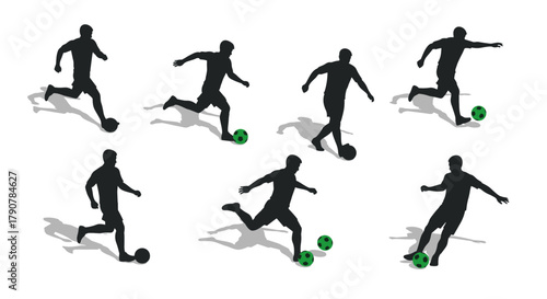 Dynamic silhouette soccer players with green balls in various action poses