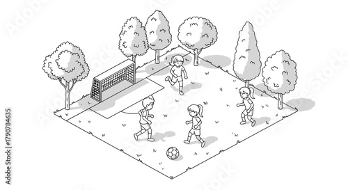 Children playing soccer in isometric park setting with trees