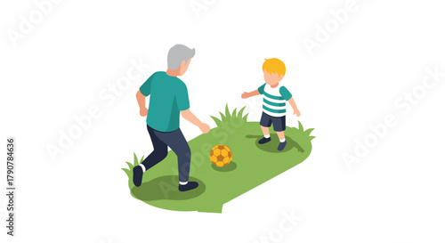 Grandfather and grandson playing soccer in isometric style