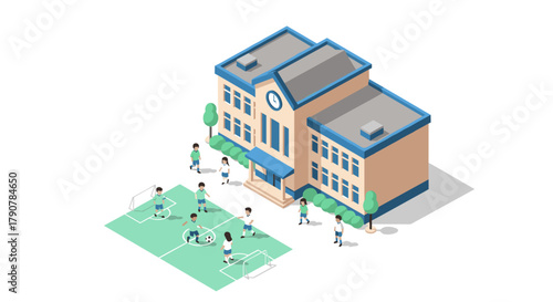 Isometric school building with kids playing soccer on playground