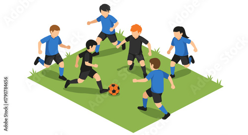 Youth soccer players in action on the field in isometric style