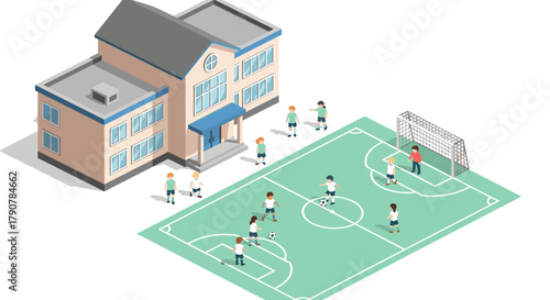 Isometric schoolyard soccer game with kids playing on futuristic green field