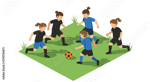 Youth soccer team playing on field with grass in isometric style