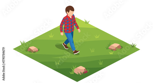 Casual walk in nature isometric style with greenery and stones