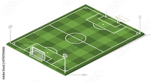 Isometric green soccer field with goalposts and floodlights