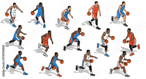 Diverse athletes dribbling basketball in action poses
