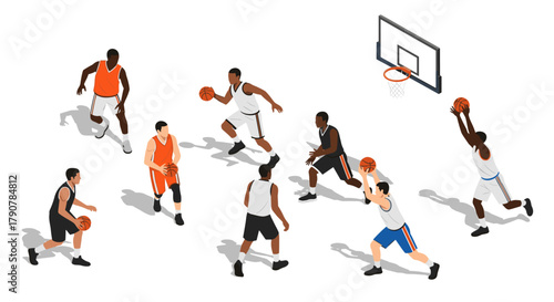 Dynamic basketball players in action on the court isometric style
